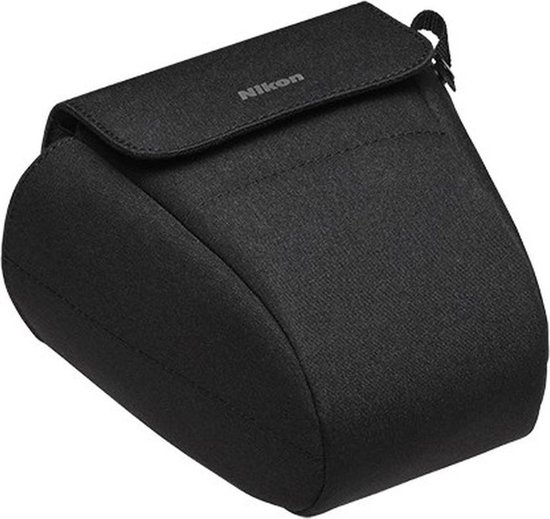 Zwarte Nikon cameratas met klittenbandsluiting en draaglus.