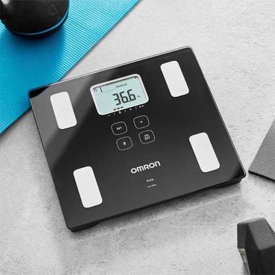 OMRON VIVA Weegschaal voor nauwkeurige gewichtsmeting. Deze weegschaal met lichaamanalyse meet visceraal vet, spiermassa, metabolisme, BMI, en verbindt via Bluetooth met de OMRON Connect app