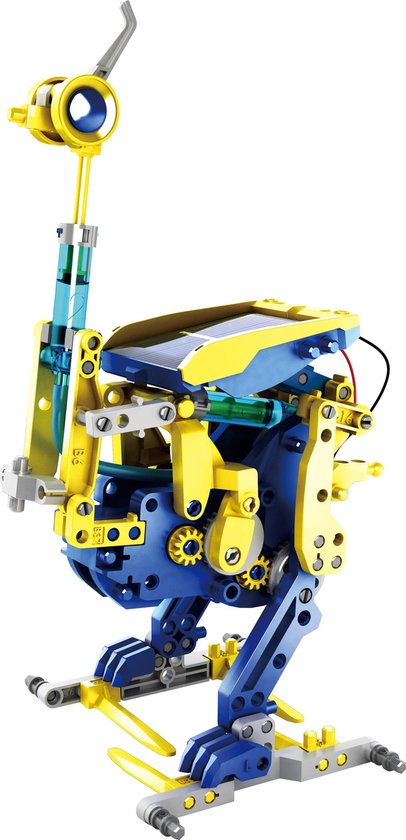 Blauw-gele robot in de vorm van een struisvogel met een zonnepaneel op de rug en grijze voeten.