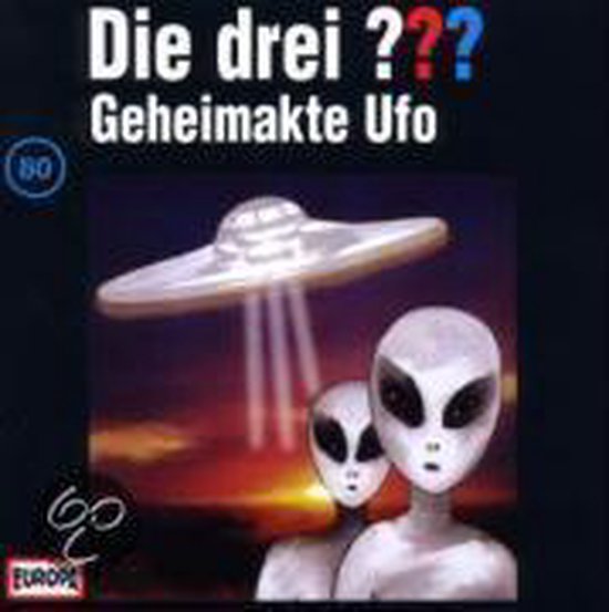 Cover van het luisterboek 'Die drei ??? Geheimakte Ufo', met twee buitenaardse wezens en een vliegende schotel.