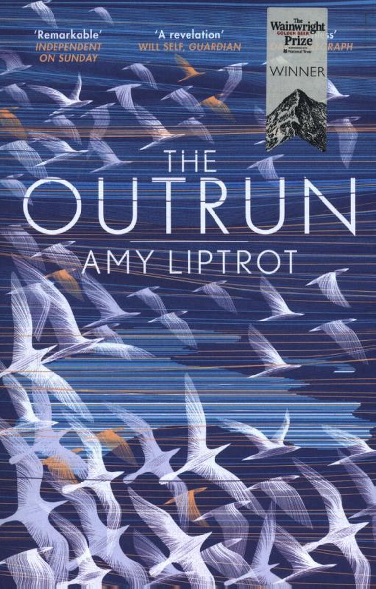 Livre 'The Outrun' d'Amy Liptrot, avec une couverture représentant des volées d'oiseaux blancs sur fond sombre et ondulé.