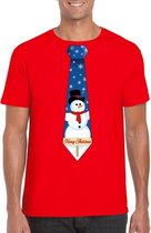 Rood kerst T-shirt voor heren - Sneeuwpoppen stropdas print S