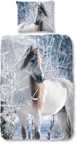 Good Morning White Horse - Flanel - Dekbedovertrek - Eenpersoons - 140x200/220 cm + 1 kussensloop 60x70 cm - Multi