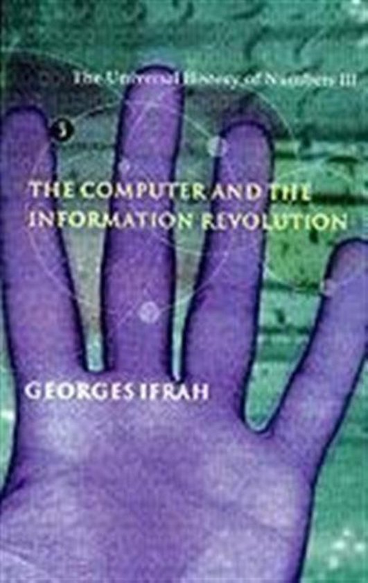 Boekomslag van "The Computer and the Information Revolution" met een paarse hand voor een groene, abstracte achtergrond.