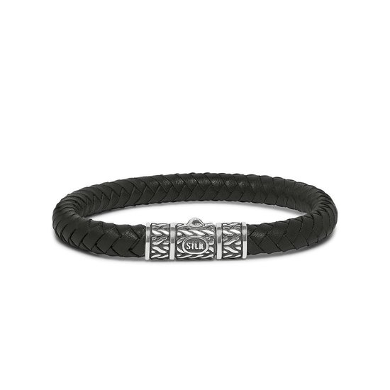 SILK Jewellery - Zilveren Armband - Roots - 156BLK.20 - zwart leer - Maat 20