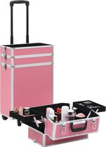Make-up Koffer (Incl 3 Nep wimpers) aluminium Roze - Make up Trolley - Visagie koffer - Cosmetica koffer - Beauty case - Nagelstyliste koffer