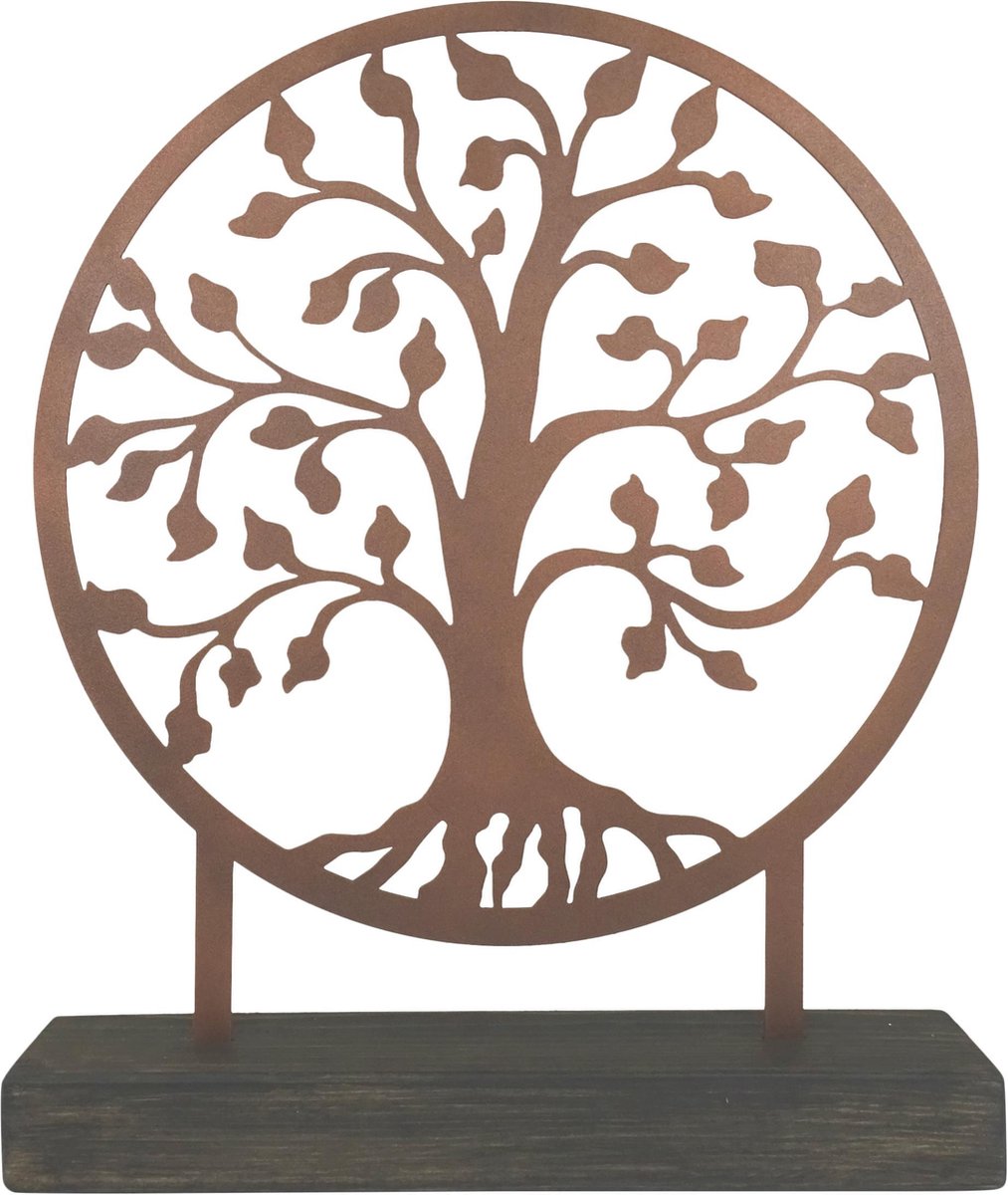 Levensboom 2mm staal - Bronscoating - houten voet - uniek design