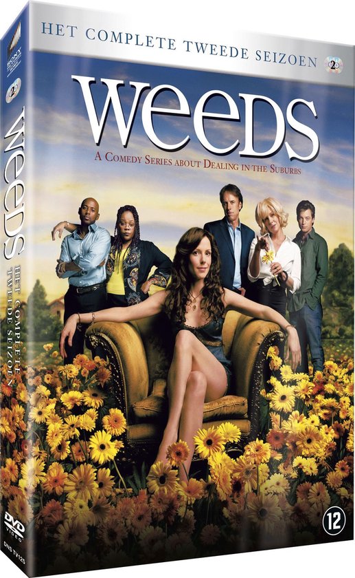 DVD-hoes van Weeds Seizoen 2 met de cast, zittend in een stoel omringd door bloemen.