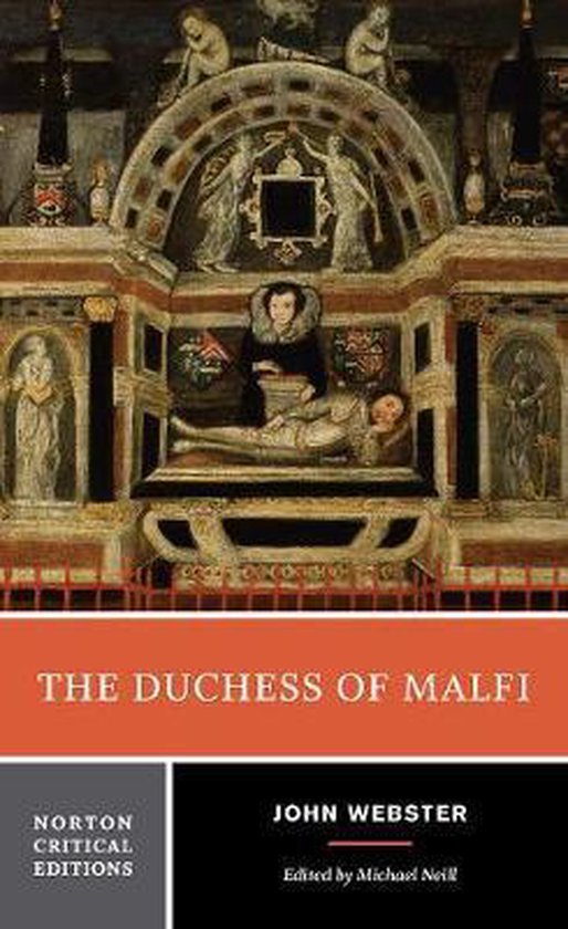 Boek 'The Duchess of Malfi' met een afbeelding van een mausoleum met twee figuren.