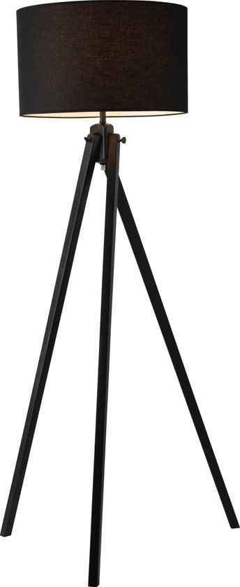 klimaat veeg noodzaak Mooie staande lamp / vloerlamp met zwarte houten 3-poot en zwarte lampenkap  | bol.com