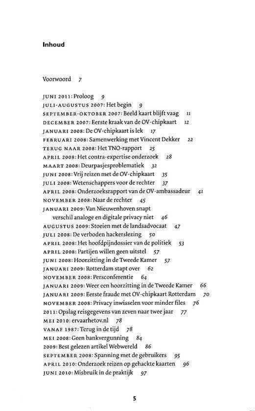 Een pagina met een inhoudsopgave van een boek. Rechtsboven staat "5".