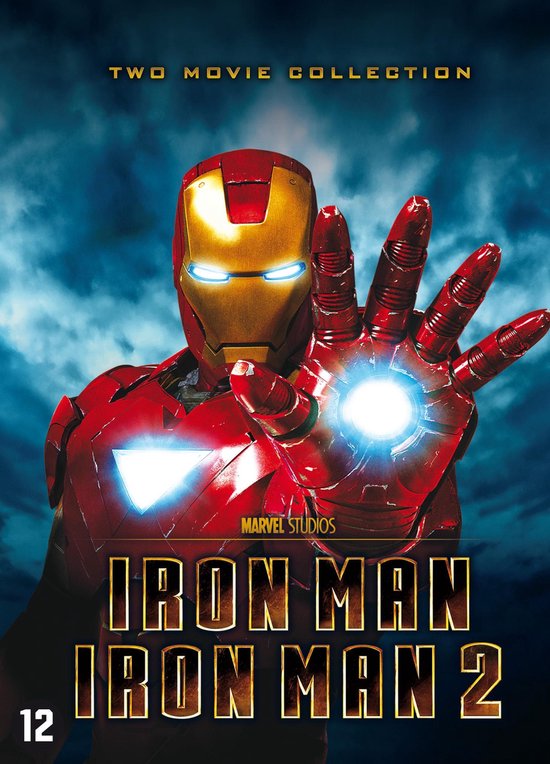 Iron Man in rood en goud met gloeiende ogen en handschoen. 'Two Movie Collection Iron Man Iron Man 2'.