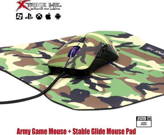 XTRIKE ME Gaming Combo Set 2in1 - Army Gaming Muis 3200 DPI RGB LED Optische Muis + Army Gaming Fiber Muismat 287 x 244 x 3 mm - GMP-505 Perfect voor gaming zoals Fortnite - Pubg -Battlefield