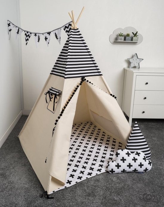 FUJL - Tipi Tent - Speeltent - Wigwam - kinder tipi - Set Black & White - Inclusief... bol.com