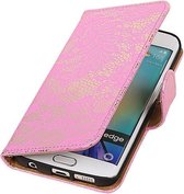 Samsung Galaxy S6 Edge Lace Kant Booktype Wallet Hoesje Roze - Cover Case Hoes