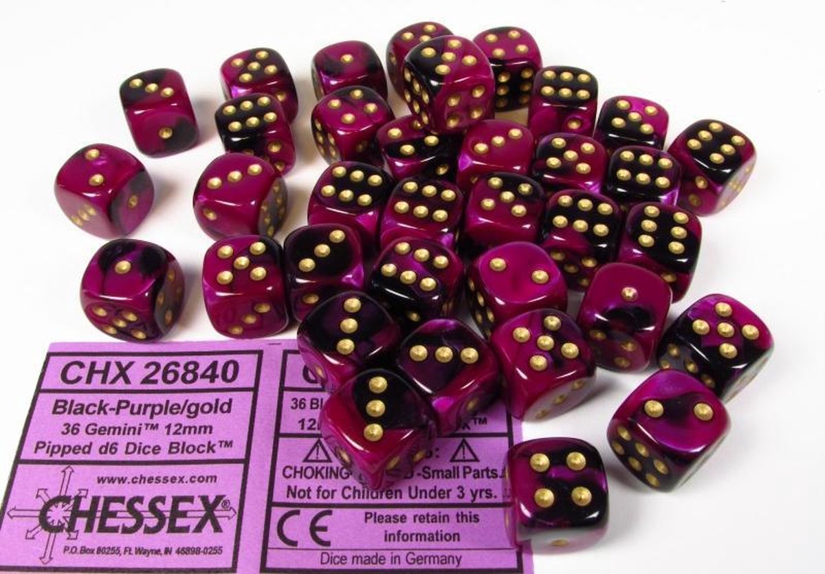 Chessex Gemini Black-Purple/gold D6 12mm Dobbelsteen Set (36 stuks)