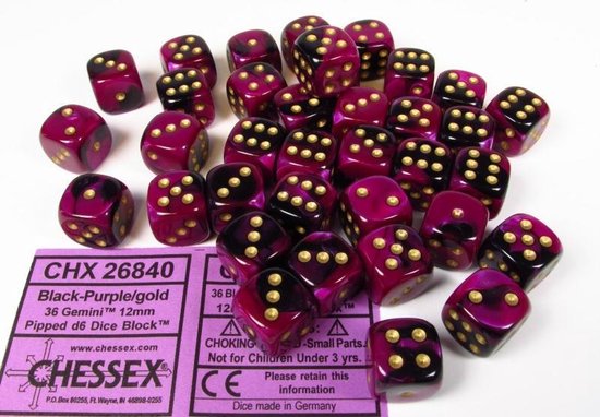 Chessex Gemini Zwart-Paars/Goud D6 12mm Dobbelsteenset (36 stuks)