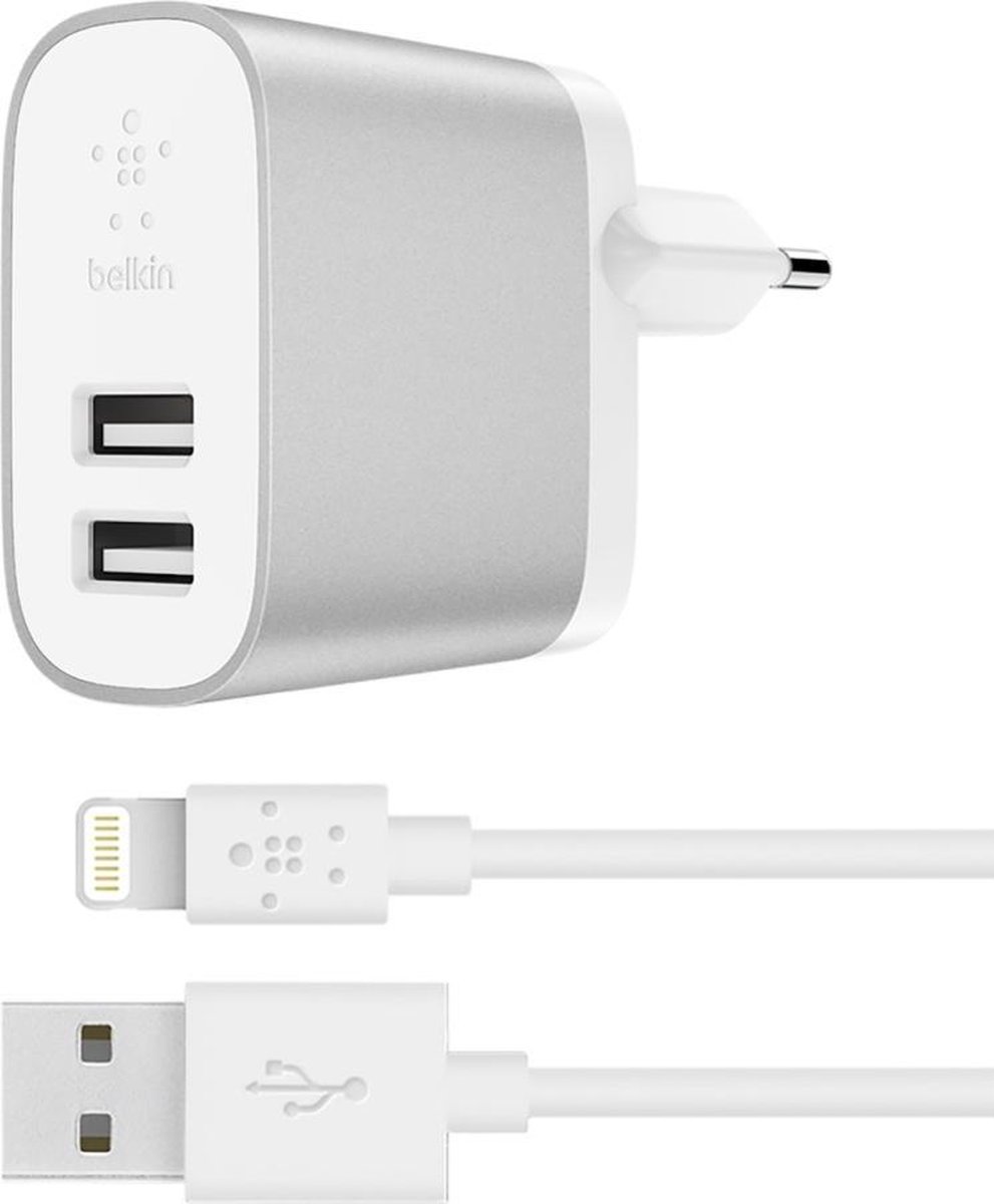 Belkin BOOST↑CHARGE™ 2-poorts 12W lader voor thuis + 1m Apple iPhone Lightning naar USB-A kabel - Wi