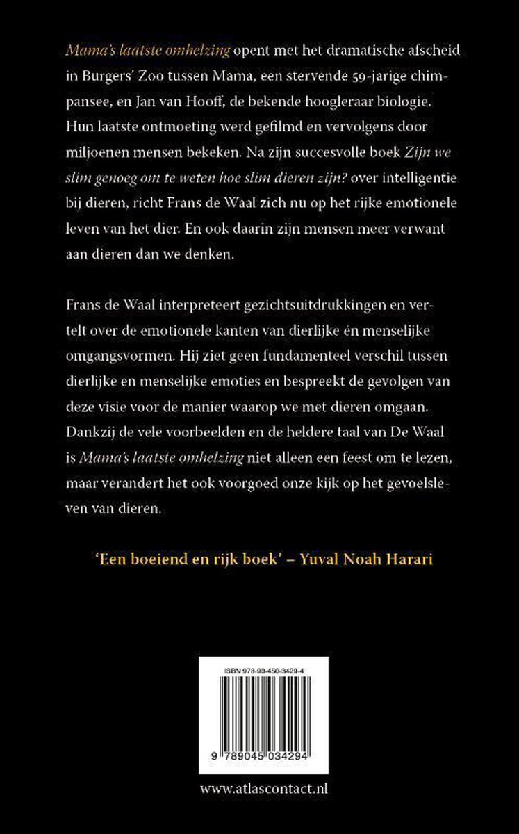 Achterkant van een boek met de titel "Mama's laatste omhelzing" en tekst over emoties bij dieren.