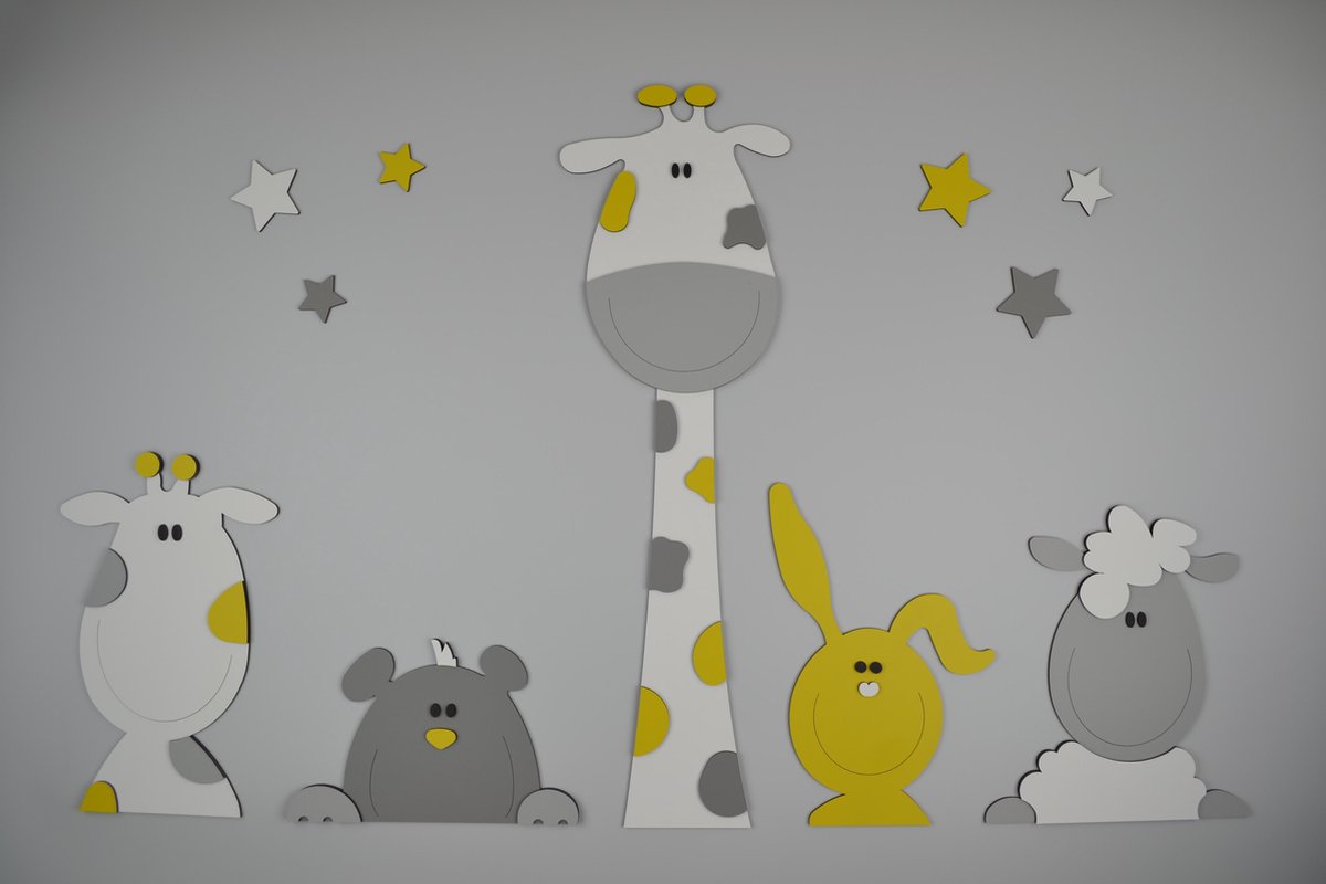 Email schrijven Opblazen Messing Houten muursticker babykamer: giraf met diertjes-wit, grijs en oker geel |  bol.com