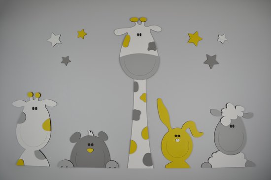 linnen halsband wandelen Houten muursticker babykamer: giraf met diertjes-wit, grijs en oker geel |  bol.com