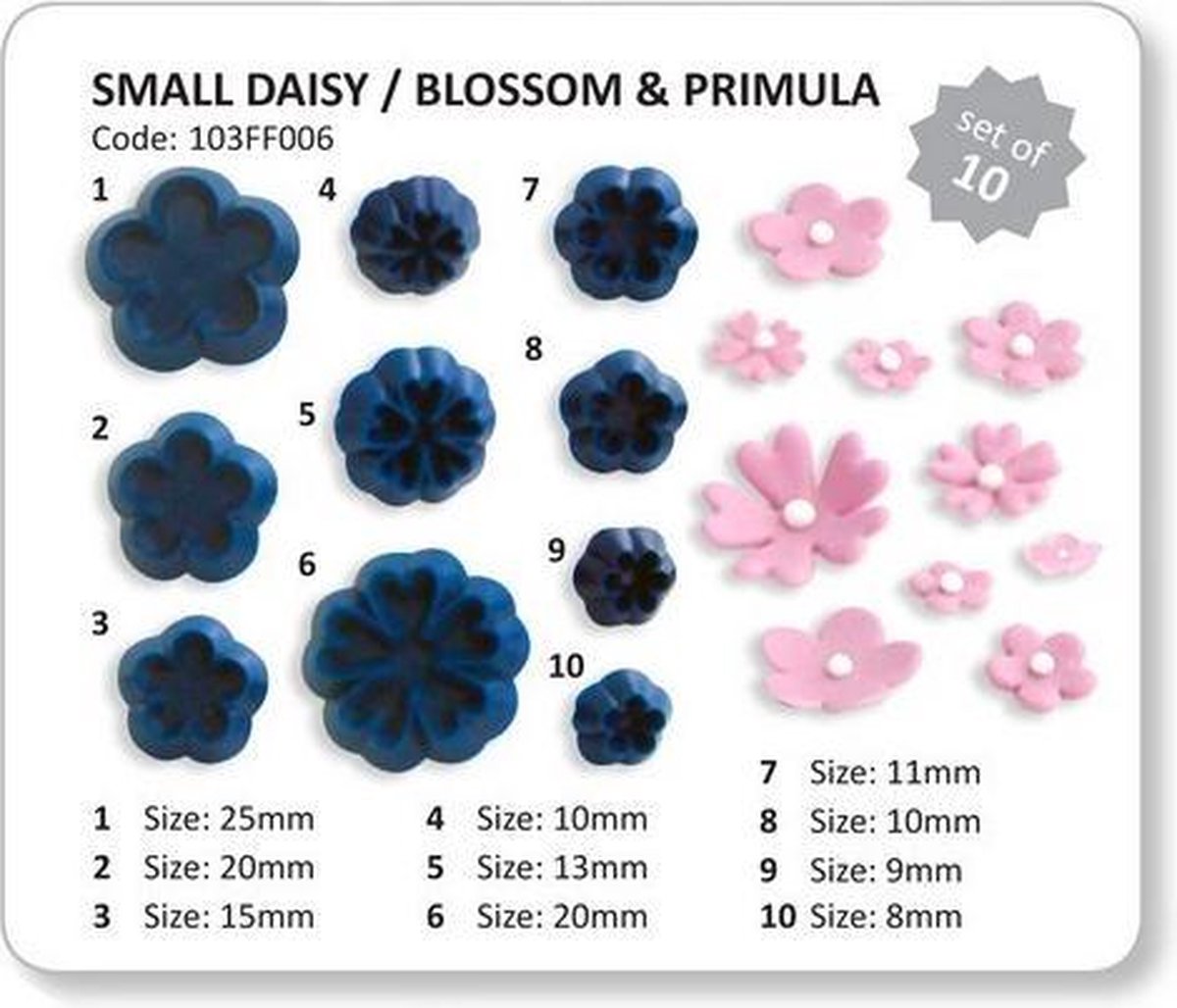 Small daisy/ blossom & primula JEM, set van 10