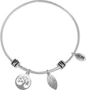 CO88 Collection 8CB-25004 - Stalen bangle met bedels - levensboom en blaadje - one-size - zilverkleurig