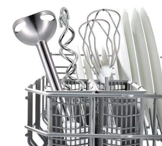 RVS staafmixervoet, deeghaak en garde in een metalen mandje, op witte achtergrond.