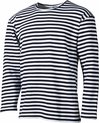 T-shirt blanc à manches longues avec rayures horizontales bleu marine.