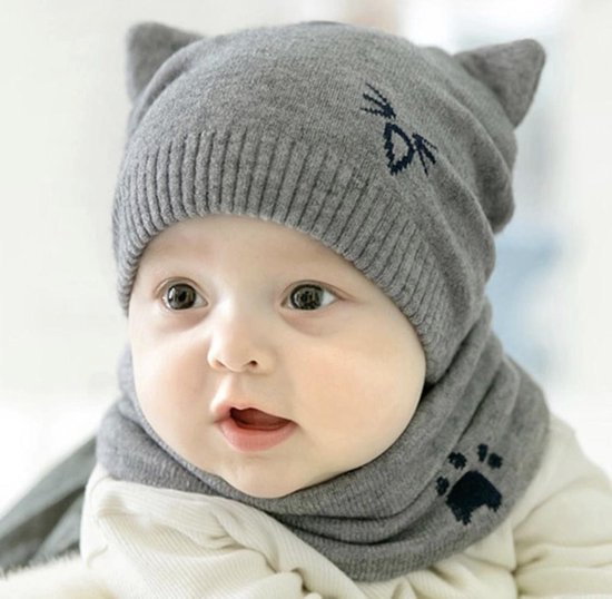 Lief babymutsje met col - Muts baby set - Kraamcadeau - Mutsje grijs Beanie Newborn Sjaal - Makira Products