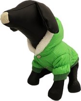 Winterjas voor de hond in de kleur fel groen met bont randje - XXS ( rug lengte 17 cm, borst omvang 26 cm, nek omvang 22 cm )