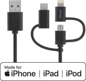 DELTACO IPLH-155 - USB naar USB-C kabel - Micro-USB - Lightning - Geschikt voor Apple - MFi - 1m – Zwart