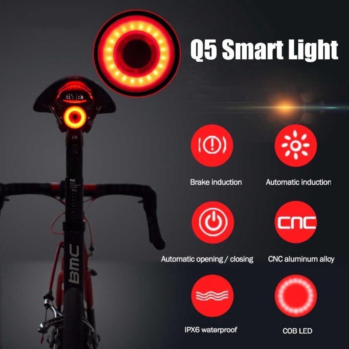 Rockbros Q5 achterlicht - Automatisch achterlicht - Achterlicht met bewegingssensor - Achterlicht met remsensor
