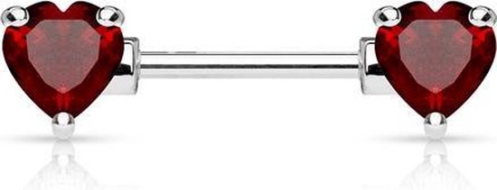 Omgekeerde Navelpiercing met Kristallen belegd Hart - Zilver - Rood