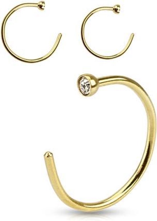 Neuspiercing open ring gold plated steentje wit
