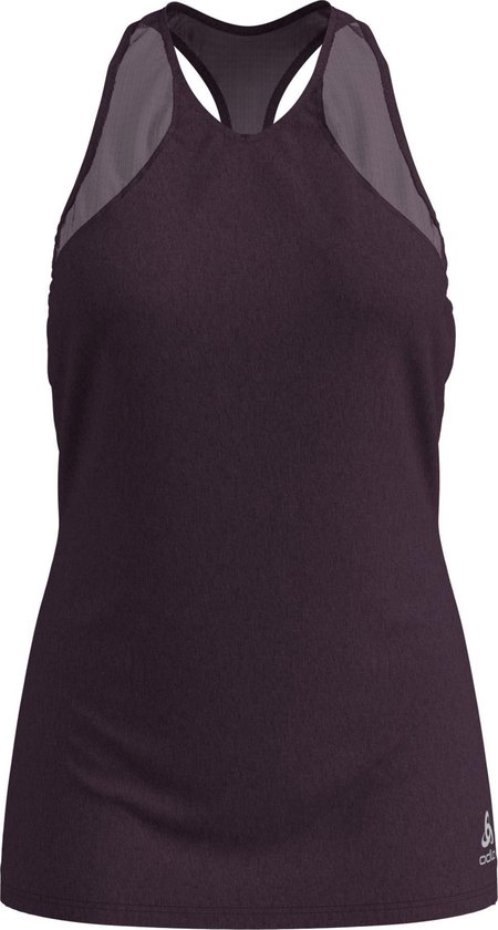 Paarse sporttop met V-hals en mesh inzetstukken bij de schouders. Odlo logo op de zoom.