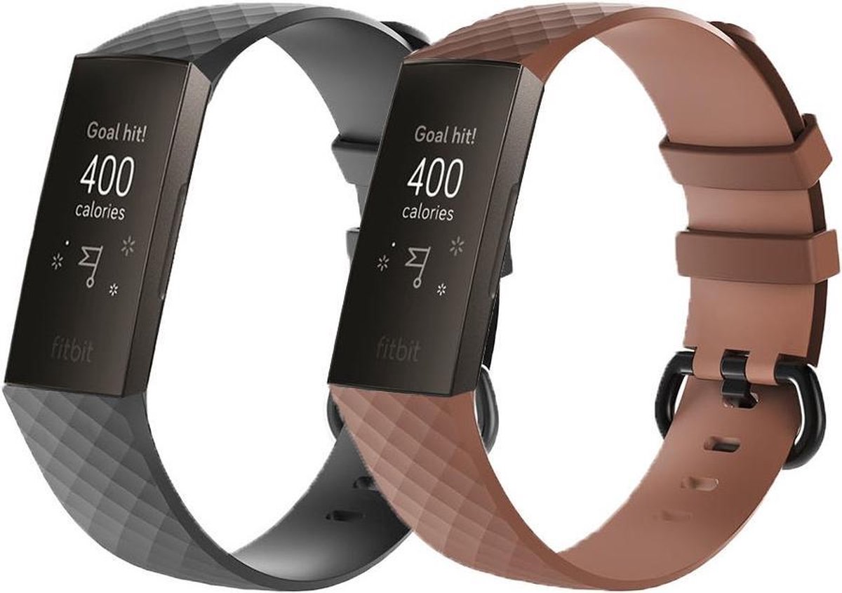 KELERINO. Siliconen bandje geschikt voor Fitbit Charge 3 / Charge 4 - Zwart & Bruin - Large