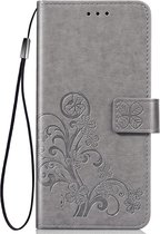 Shop4 - OnePlus 7 Pro Hoesje - Wallet Case Bloemen Patroon Grijs