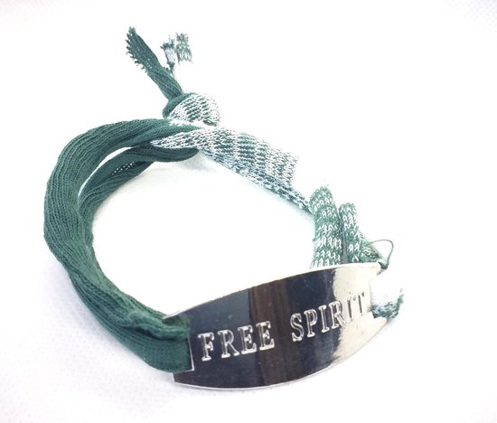 2 Love it Bella's Free Spirit - Bracelet - Textile recyclé - 50 CM de long - Élastique - Vert - Blanc - Couleur argent