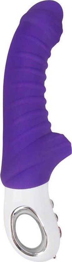 Paarse, gebogen vibrator met geribbelde textuur en witte handgreep met een opening en knoppen.
