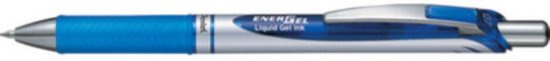 Blauwe Pentel Energel pen met zilveren details en een clip.