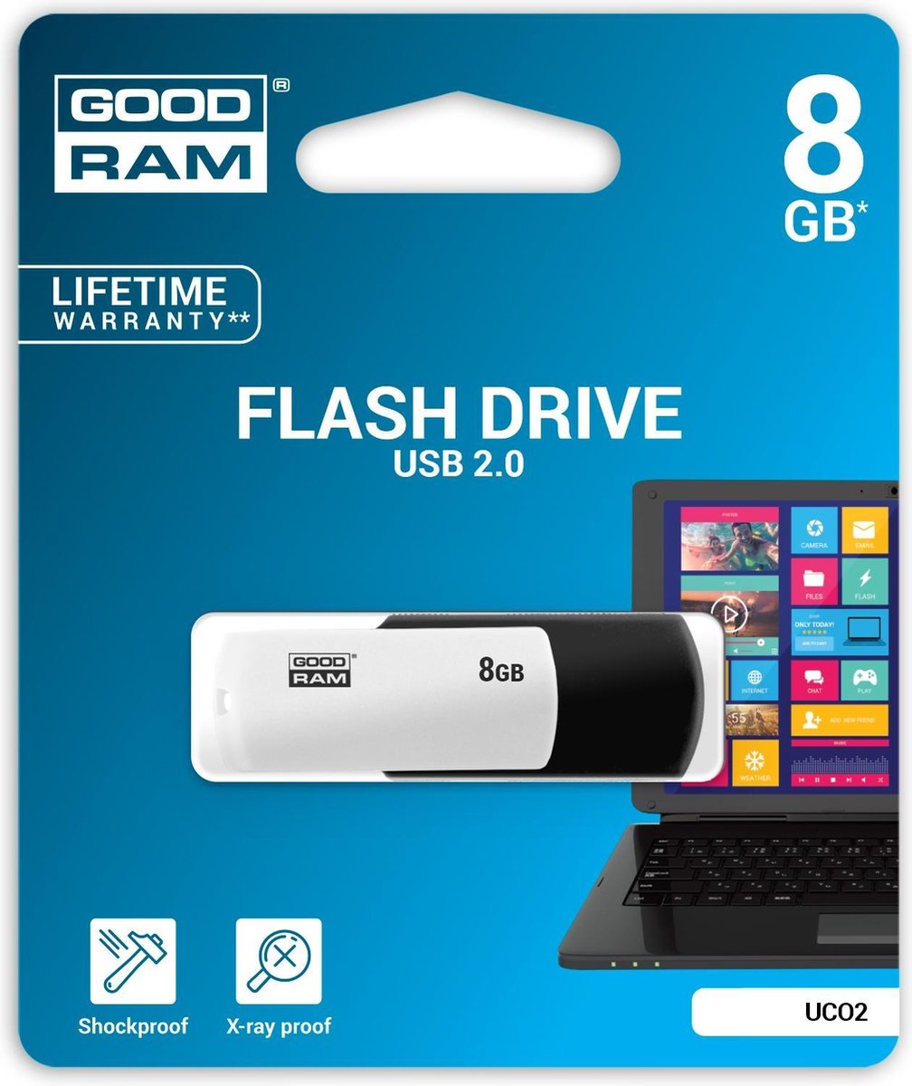 Goodram UCO2, 8 GB, USB Type-A, 2.0, 20 MB/s, Draaibaar, Zwart, Wit