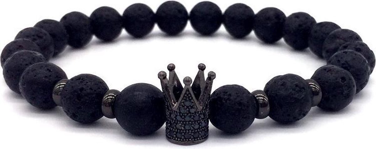 BAZORO® Lavasteen Armband - Kroon - Kralen - Zirkonia - Zwart - 19 cm
