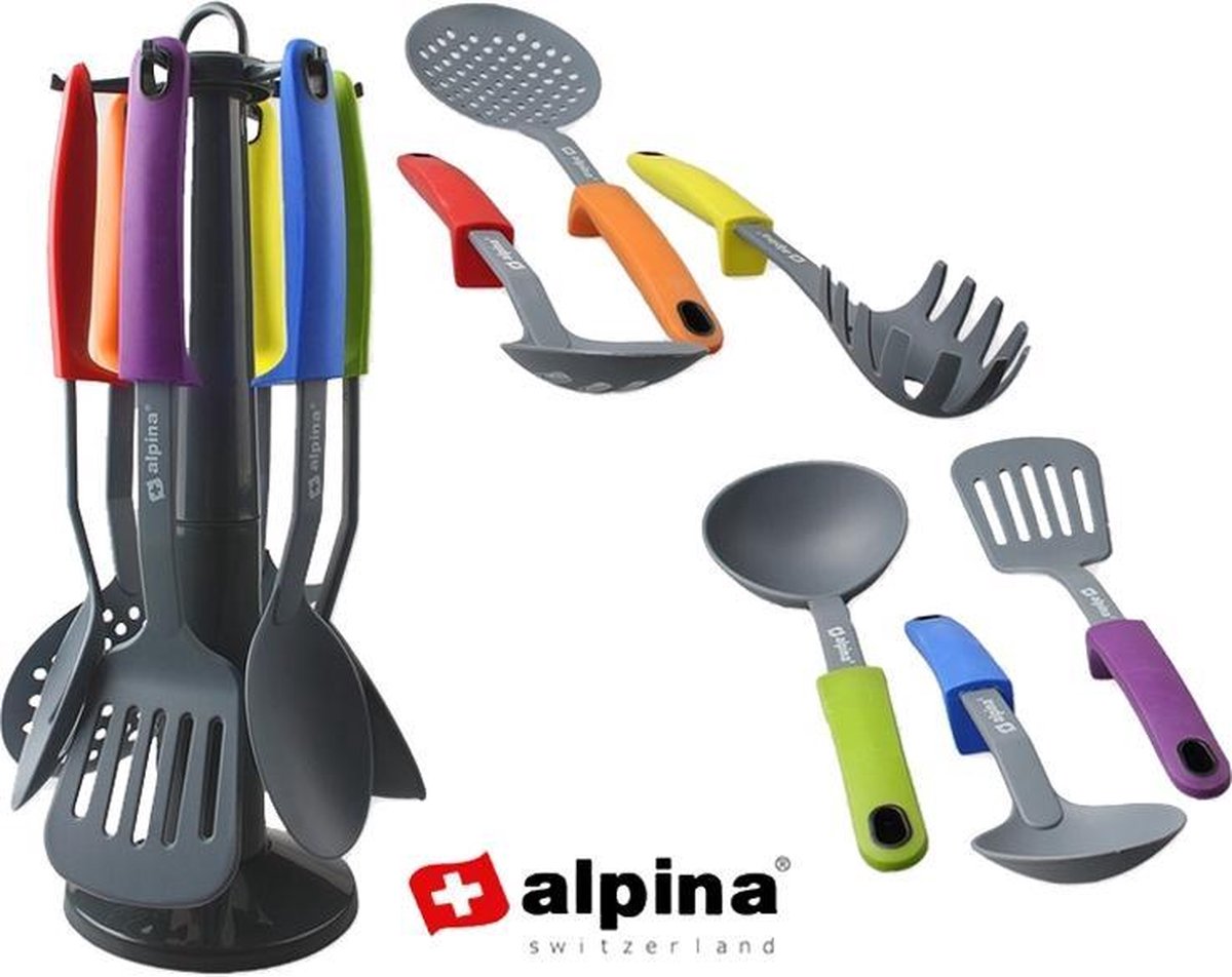 Alpina 7Pcs Multi-Coloured Nylon Kitchen Essential Utensils Set with Stand  Spoon