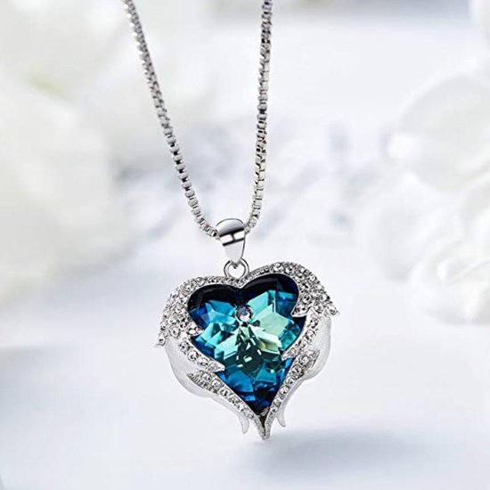 Blauwe Engel Vleugel Kettingen voor vrouwen Love Swarovski Hart Pendant Hanger - Ketting 43cm +5cm