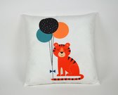 Pillowcity - Meneer Tijger met Ballonnen Sierkussen / Kinderkamer Decoratie / Babyshower Cadeau / Decoratie Kussen   / 45 x 45cm / Fluweel Stof / Incl Vulling