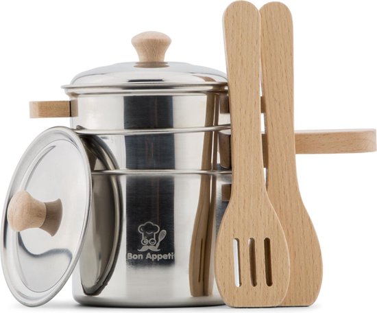 Woet® Metalen Pannenset - 7-delige Set met Houten Kookgerei - Speelgoed Keukenset - Speelgoedkeuken Accessoires voor Kinderen - Rollenspel Keukenspeelgoed - Vanaf 2 Jaar