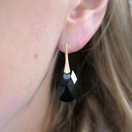 DBD - Goud Vergulde Zilveren Oorbellen - Kristal - Druppel - Mat Zwart- 22MM - Anti Allergisch