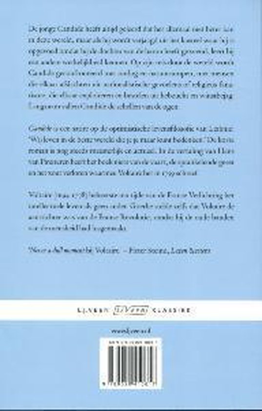 Achterkant van een boek met tekst en een streepjescode. Titel: Candide of het optimisme.