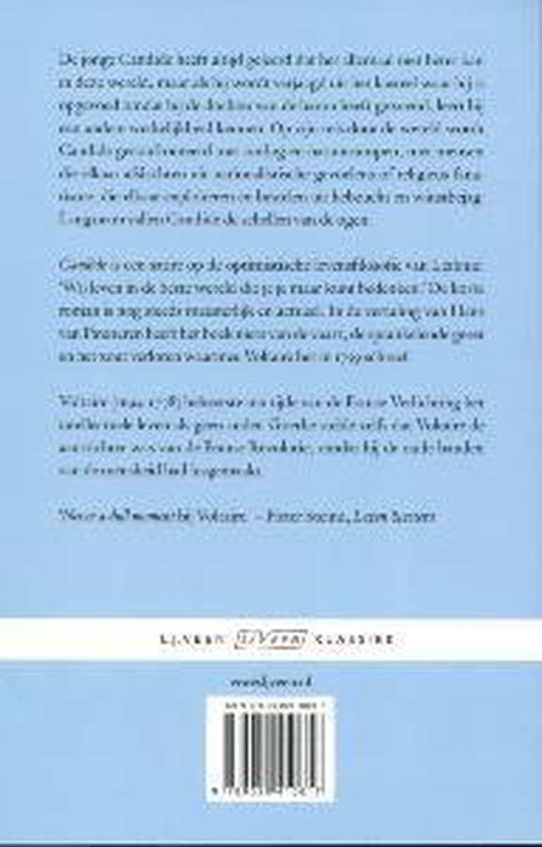 Achterkant van een boek met tekst en een streepjescode. Titel: Candide of het optimisme.